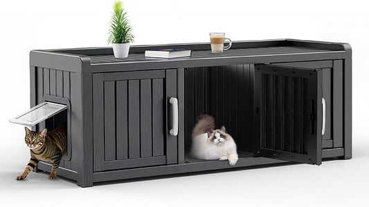 Cat Litter Box Enclosure Resin Hidden Cat Litter Box Furniture Multi Functional Three Door Spacious Odorless Waterproof UV Resistant Durable Indoor Outdoor Use Black