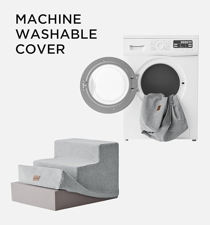 Made4Pets Dog Steps for Bed, Extra Wide Dog Stairs for High Bed Couch Sofa, 35D Foam Pet Steps for Small Dogs and Cats, Non-Slip Bottom Pet Stairs, Light Grey, 4 Steps