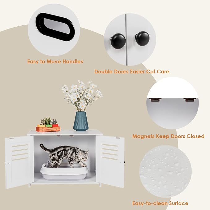 DINZI LVJ Litter Box Enclosure, Cat Litter House with Louvered Doors, Entrance Can Be on Left or Right, Large Hidden Cat Washroom for Most of Litter Box, Furniture Cabinet, White