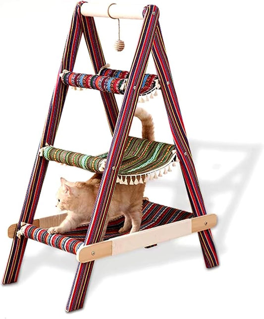 SHENGOCASE 3-Tier Modern Boho Style A Frame Wooden Cat Tree Tower Ladder with Multi-Level Bed Hammock for Large Cat and Sctatching Post, Hanging Toy Ball (Boho)