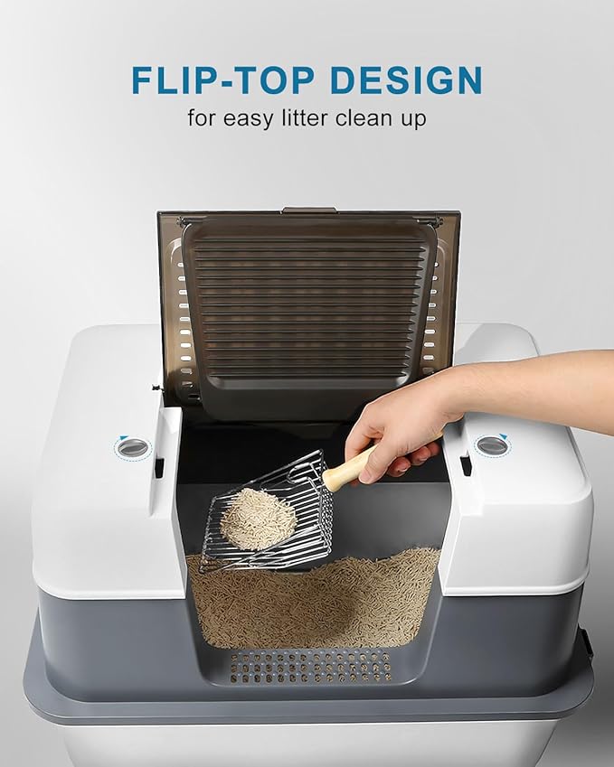 Stainless Steel Cat Litter Box Enclosed with Lid，Covered Metal Kitty Litter Box with Litter Mat and Odor Reduction Pack(2kg), Metal Scoop，Switchable Design, Easy Clean，Odor-Control, Leak-Proof