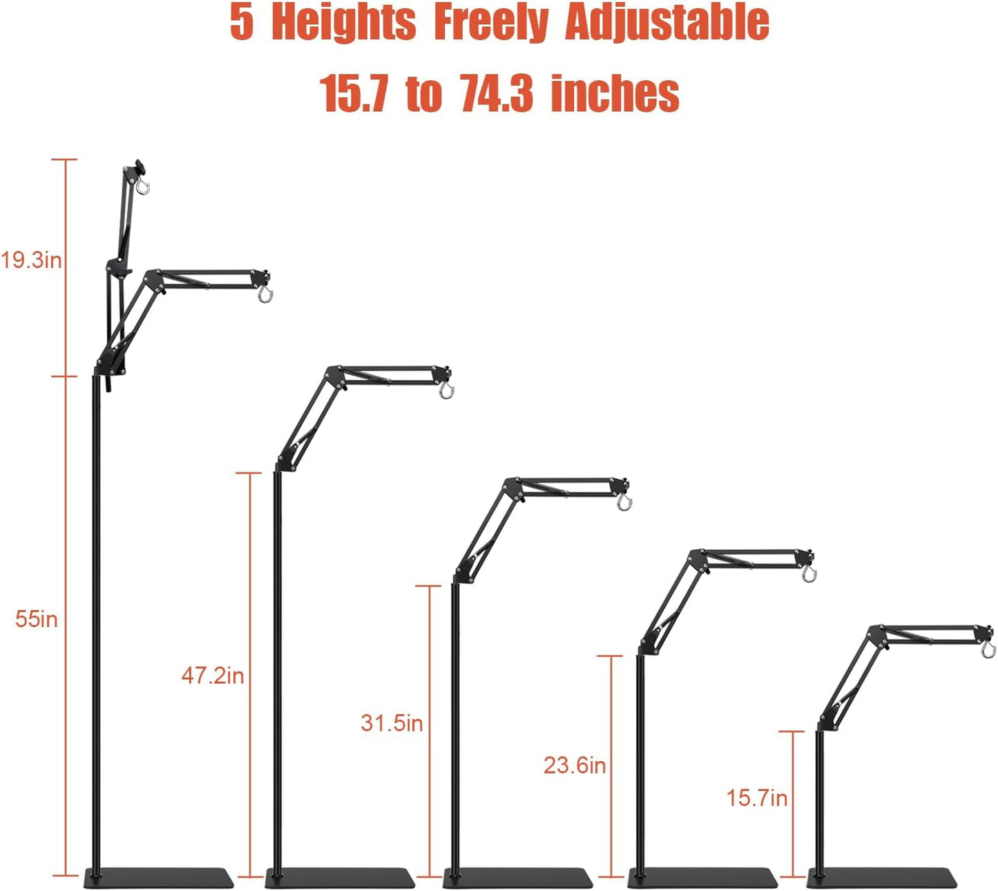 Dual Reptile Lamp Stand - Adjustable Height (15.7in to 74.3in) Metal Light Holder with 2 x 360° Adjustable Arms for Hanging Heat Lamp Fixture Dome Lampshades in Tank and Glass Terrarium