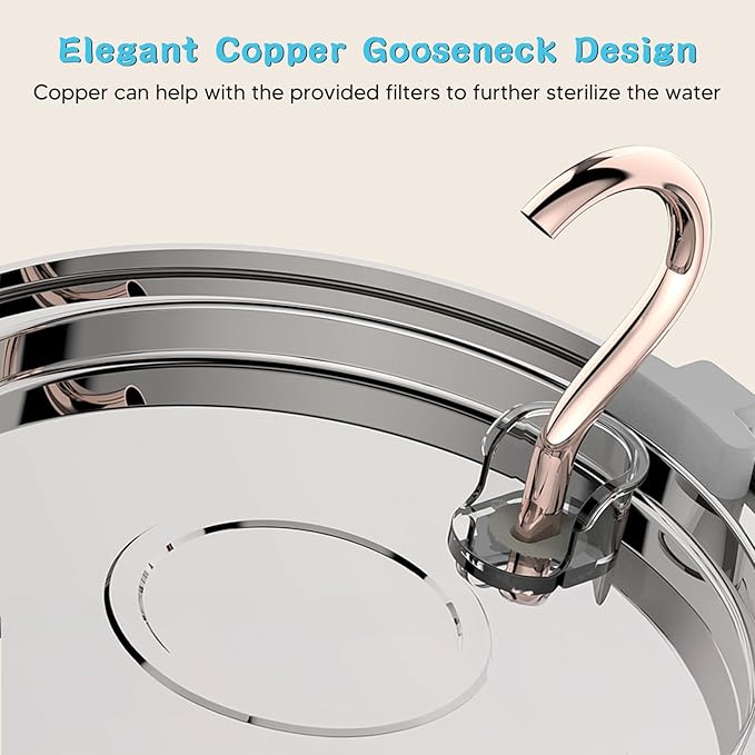 Tomxcute Cat Water Fountain - 4.0L/135oz Gooseneck Copper Faucet Design Cats Fountain for Drinking - Large Capacity Stainless Steel Cat Water Fountain - Comes with 3 Replacement Filters