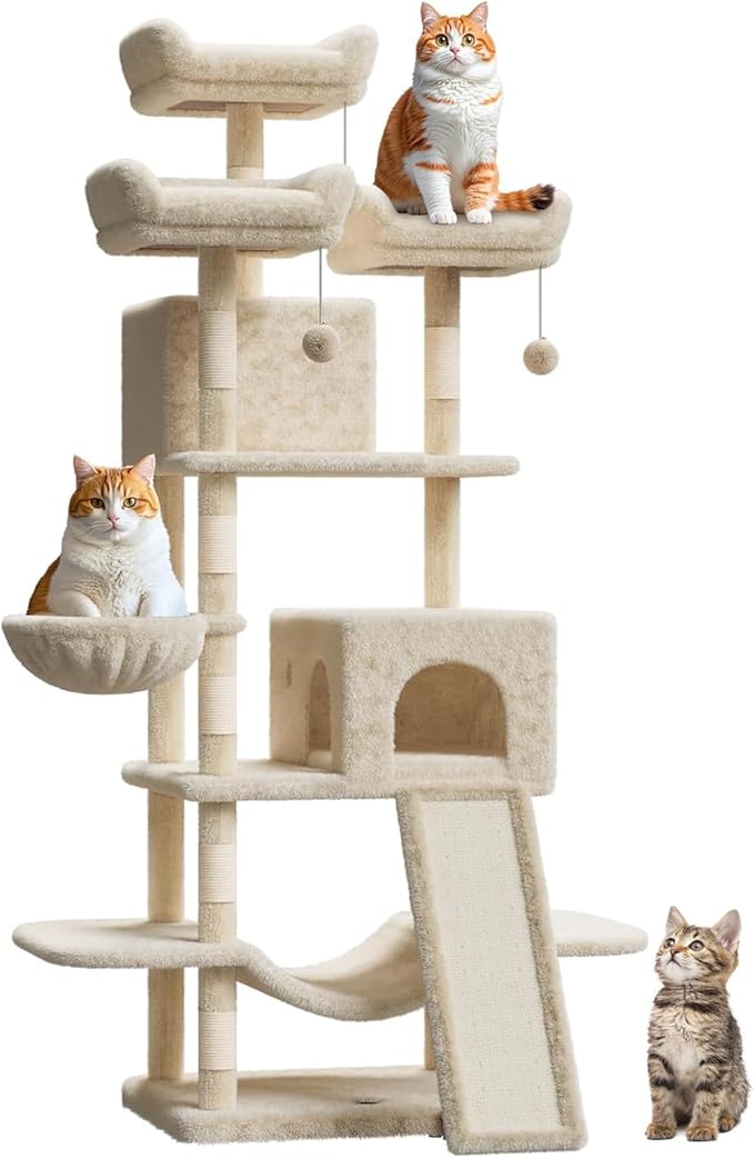 68.5 Inch Multi-Level Cat Tree, Plush Cat Tower with Condo/Sisal Scratching Posts/Hammocks/Basket/Dangling Ball/Platform, Heavy Duty Cats Tree to Play and Sleep, 2605#Beige