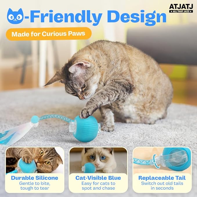 Interactive Cat Balls Toys for Indoor Cats, Automated Smart Ball Cat Toy with Elastic Mesh Tail, 3-Speed Rechargeable Rolling Kitten Toy, Electronic Mental Stimulating Self Play Pet Ball for Fun