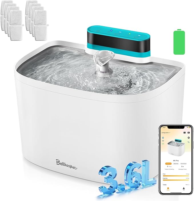 Cat Water Fountain, App Control Cat Fountain, 122oz/3.6L Pumpless Water Fountains for Cats Indoor with Stainless Steel Tray, Wi-Fi Dog and Pet Water Fountain (White, Fountain+8 Fliters)