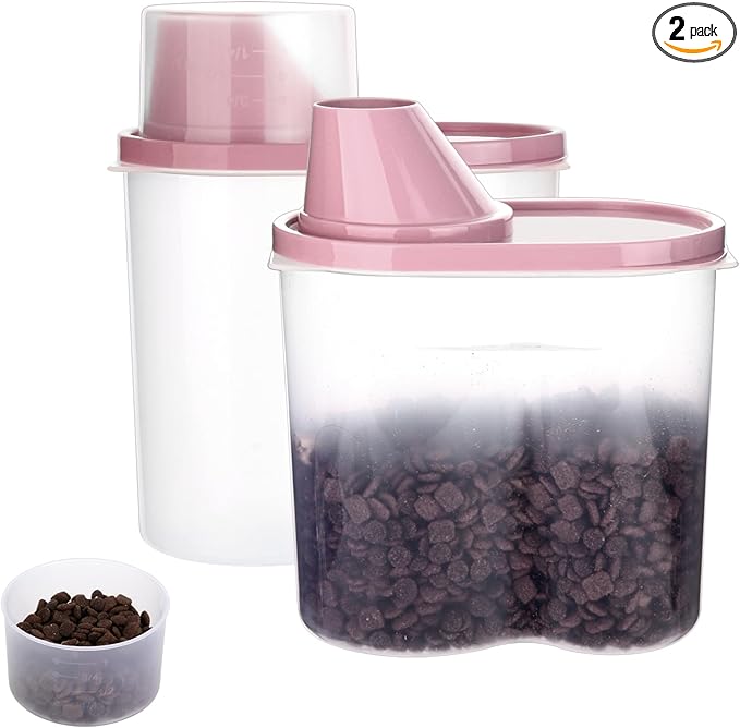 GreenJoy 2 Pack 2lb/2.5L Pet Food Storage Container with Measuring Cup, Can Covers and Bowl for Small Dog, Cat, Waterproof-BPA Free (Pink 1.8L)