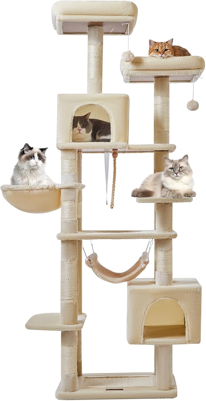 Taoqimiao Cat Tree, 71-Inch Cat Tree Cat Tower for Indoor Cats, Plush Multi-Level Cat Condo with 10 Scratching Posts, 2 Perches,Basket, 2 Caves,Hammock, 2 Pompoms,MS020M Beige