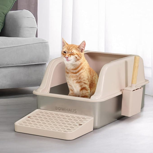 XL Enclosed Stainless Steel Cat Litter Box with Lid, High Sided Metal Litter Box w/Scoop, Enclosed Extra Large Metal Litter Box, Odorless Steel Litter Pan, Anti-Leakage & Easy Clean, Beige