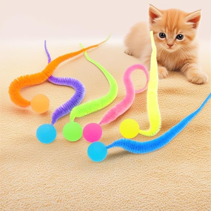 Bouncy Balls for Cats-5 Packs，Fuzzy Worm Cat Worm Toys with Fluorescent Ball，Magic Worm Bouncy Ball with Tail Cat Toy