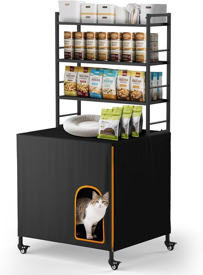 Lekereise Cat Litter Box Enclosure, Large Hidden Litter Box Furniture with Removable Waterproof Cover, Kitty Litter Box Furniture with 3-Tier Adjustable Shelves Storage and Wheels (70.87”H, Black)