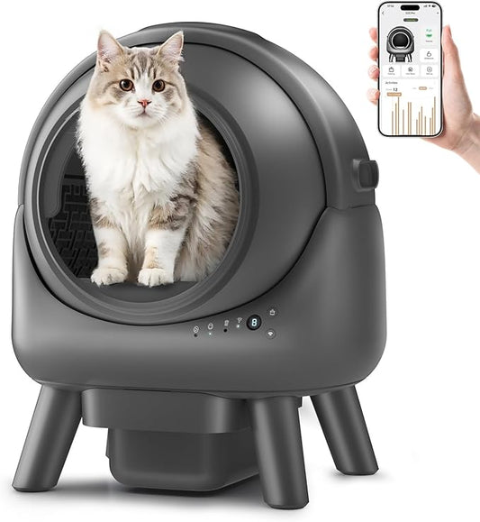 Self Cleaning Litter Box for Multiple Cats – Automatic Cat Litter Box with App Control, Odor-Free Waste Disposal, Dual Safety Sensors, Litter Bags, Grey-Qx3