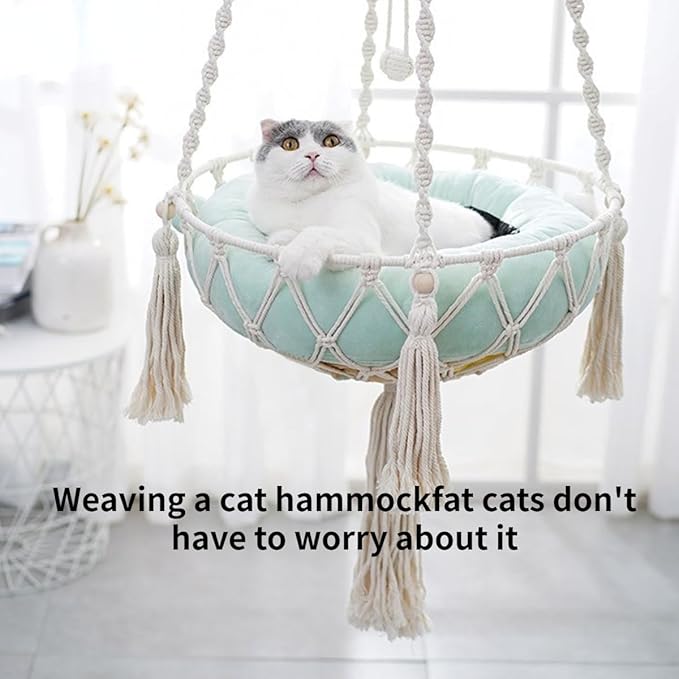 Cat Hammock, Handwoven Hanging Boho Cat Bed with Hanging Kit for Indoor Outdoor Home Decor Hang Cat Swing Beds with Cushion