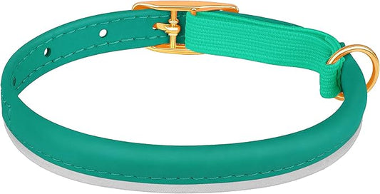 OOPSDOGGY Rolled Leather Cat Collar with Bell - Reflective Kitten Collar with Safety Elastic Strap - Adjustable Small Pet Collars for Boy Girl Cats (Teal)