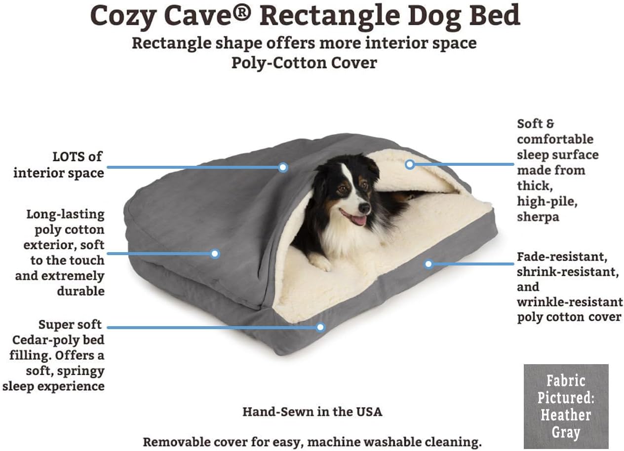 Snoozer Rectangle Cozy Cave Dog Bed - Indoor Dog Bed with Cover Cave, Covered Calming Burrow for Medium & Large Sized Pets with Blanket Attached, Enclosed, Washable - Large, Heather Gray