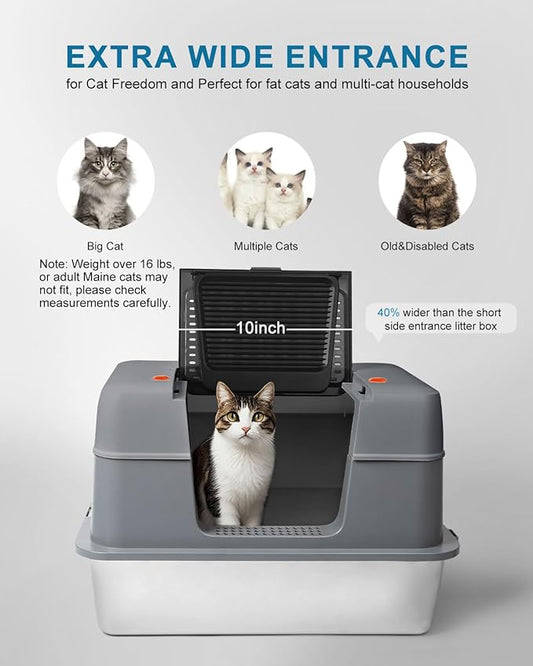 Stainless Steel Enclosed Cat Litter Box with Lid，Covered Metal Kitty Litter Box with Litter Mat and Odor Reduction Pack(2kg), Metal Scoop，Switchable Design, Easy Clean (Litter Box Grey)