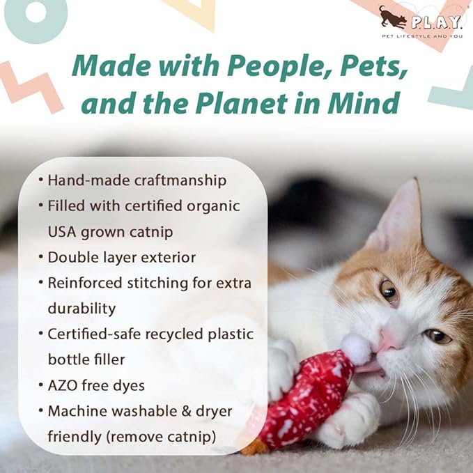 P.L.A.Y. Cute Cat Toys - Holiday & Christmas Themed Organic Catnip Filled Toy, Great for Adult Cats and Kittens - Machine Washable, Recycled Materials, Crinkles, Rattles (Meowy Christmas, Set of 2)