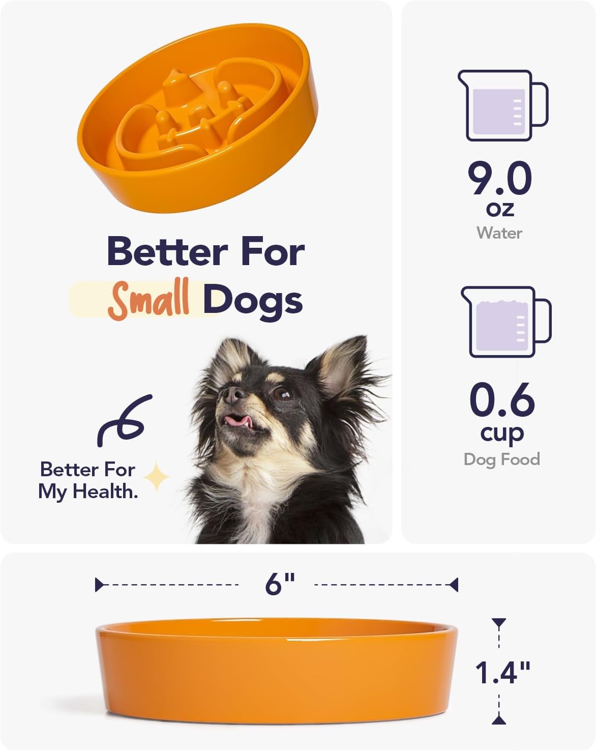 LE TAUCI Ceramic Slow Feeder Dog Bowls Small Breed, 0.6 Cups Dog Food Dish for Fast Eaters, Puzzle Bowl for Small Dogs and Cats,Pumpkin Orange