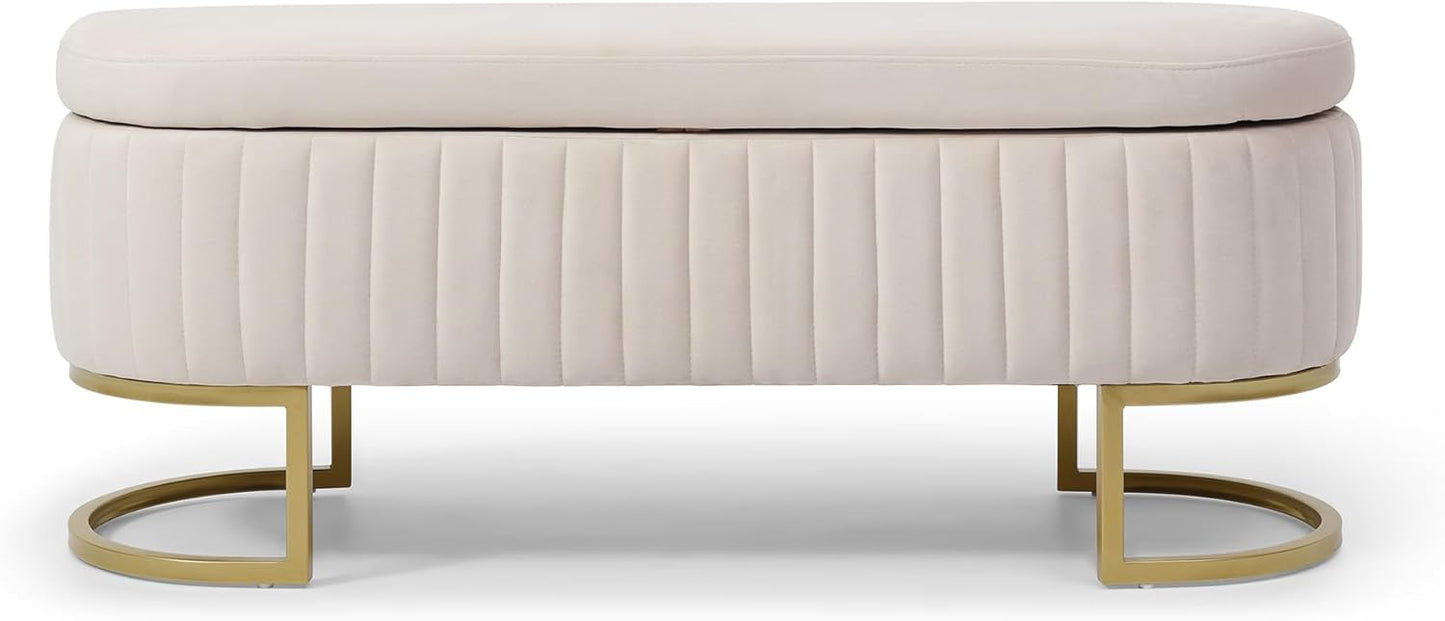 50" Sherpa Storage Ottoman Bench – Velvet Upholstered Bedroom Bench with Golden Metal Legs, Lift-Top Hidden Storage, Modern Footrest for Living Room, Entryway, Bed End (Beige)