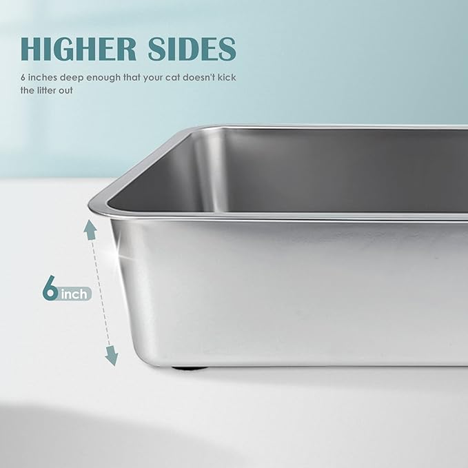 IKITCHEN Stainless Steel Cat Litter Box, Small Metal Cat Litter Box, Deep Litter Pan for Cats Kittens, Easy to Clean Odor Control Durable Nonstick Smooth Surface 17.5 in x 13.5 in x 6 inches