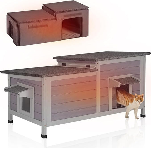 GUTINNEEN Large Outdoor Cat House Insulated, Weatherproof Cat Shelter with Detachable Insulation Liner, Wooden Elevated Kitty Condo for Stray Cats, 39.1" L x 18.5" W x 19.1" H (Grey)