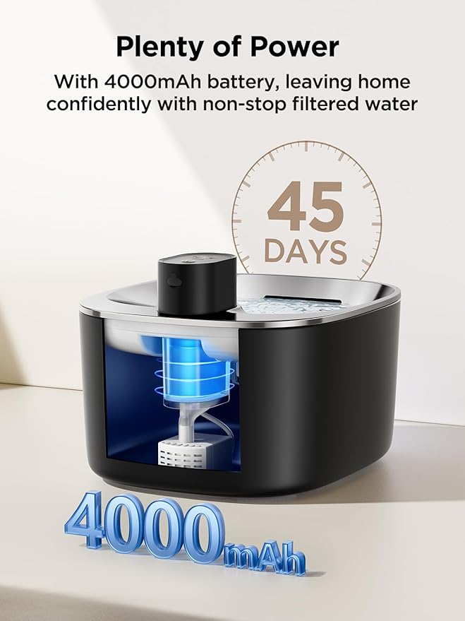 Wireless Cat Water Fountain Battery Operated, 4L/135 fl oz Pet Water Fountain for Cats and Dogs with Motion Sensor, Ultra Quiet Cat Drinking Fountain with 2 Filters (Black YPD-C004P)