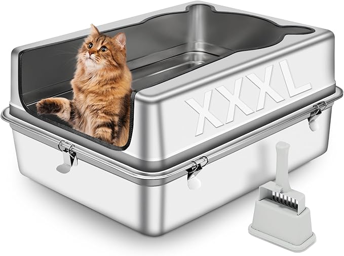 Extra Large Stainless Steel Cat Litter Box, 28" L x 19.7" W x 12" H XXXL Semi Enclosed Removable Metal Litter Tray with High Sided Enclosure, Scoop, Anti-Leakage, Non-Sticky, Easy Cleaning