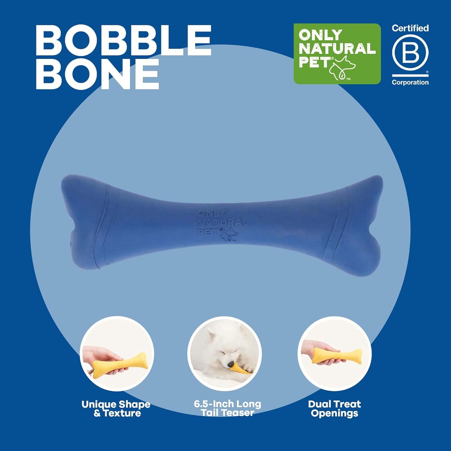 Only Natural Pet Rubber Boredom Buster Treat Stuffer Dog Toys - Interactive Stuffable Feeder Dispenser Fillable Durable Play Puppy Medium Large XS Chew Pup Hide Holder Easy Refill -BobbleBone/DarkBlue