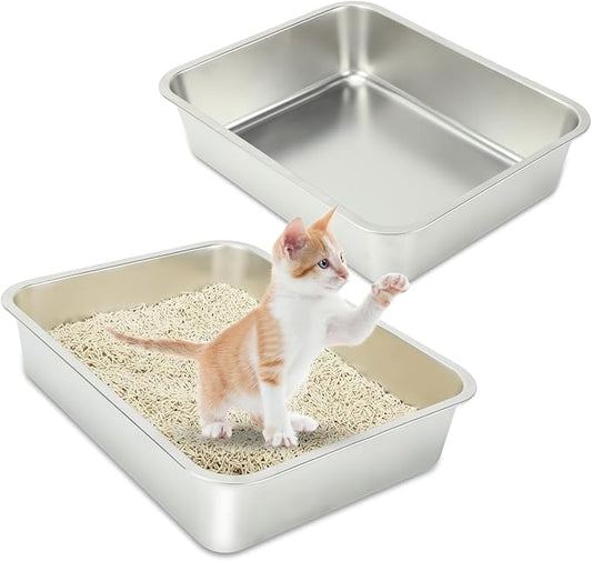 Rypet 2 Packs Stainless Steel Litter Box Metal Litter Box for Cats High Back Litter Boxes Non-Stick Cat Poop Box，Easy to Clean(17.7"*13.8"*3.9")