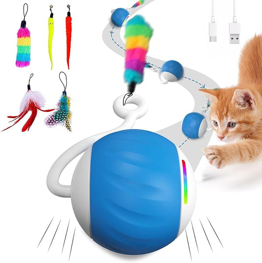 Interactive Cat Toys for Indoor Cats, DIY 5 in 1 Automatic Moving Cat Ball Toys/Puppies Toys with LED Rainbow Lights, Smart Sounds&Touch Control Cat Toys,USB Rechargeable (Blue)