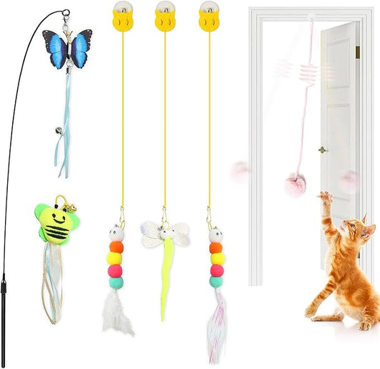 Cat Toys 6Pcs with Interactive Wand & Hanging Door Toys – Interactive Cat Feather Toy for Indoor Cats, Bored Cats – Includes Bells, Replaceable Heads, Adjustable Elastic Rope