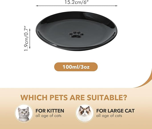 6.1'' Ceramic Wide Cat Dishes, Set of 3 Ceramic Cat Bowls, Indoor Kitten Feeding Wet & Dry Shallow Food Dish Anti Whisker Fatigue(3 Pcs, Black)