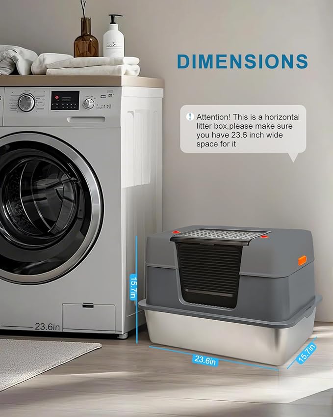 Stainless Steel Enclosed Cat Litter Box with Lid，Covered Metal Kitty Litter Box with Litter Mat and Odor Reduction Pack(2kg), Metal Scoop，Switchable Design, Easy Clean (Litter Box Grey)