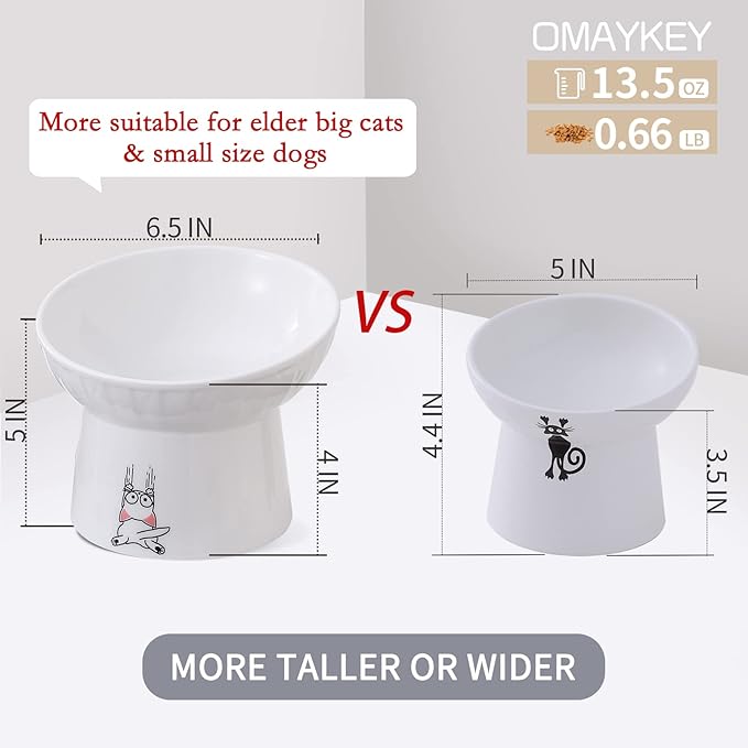 OMAYKEY 6.5 Inch Extra Wide Ceramic Raised Cat Bowl Set, Tilted Elevated Cat Bowls for Food and Water, Prevent Whisker Fatigue, Stress Free, Less Vomiting, Protect Spine, White & Grey