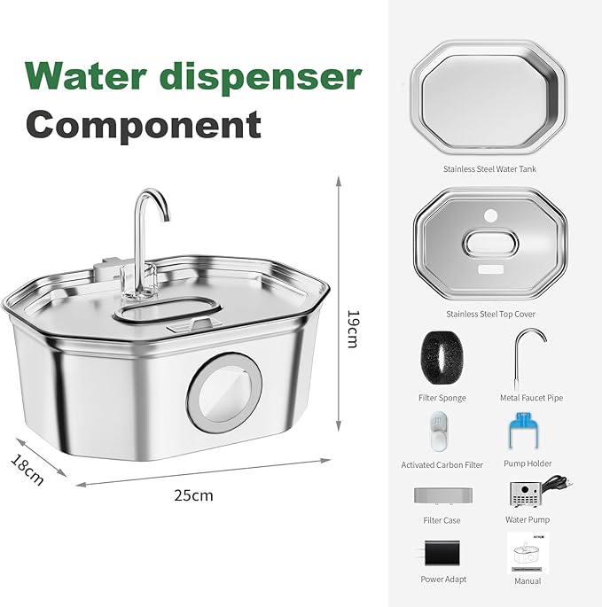 Cat Water Fountain Stainless Steel 108oz/3.2L, APAUK Automatic Pet Fountain Dog Water Dispenser with Water Level Window, Quiet Cat Fountain for Drinking, Inside with Replacement(1 Filter&1 Sponge)