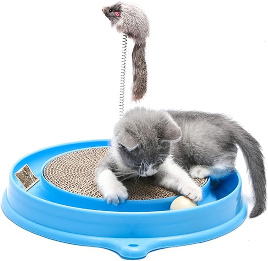 AUOON Cat Scratcher Toy - Cat Scratch Pad with Cat Toy Ball Track and Plush Mouse Toy for Indoor Cats and Kittens (Blue)