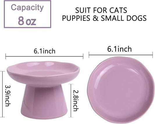 Wide Shallow 6.1" Raised Cat Bowls, Ceramic Elevated Food Plate for Flat Faced Cats and Small Dogs, Porcelain Feeder Bowl, Stress Free, Protect Cat’s Spine, Lavender