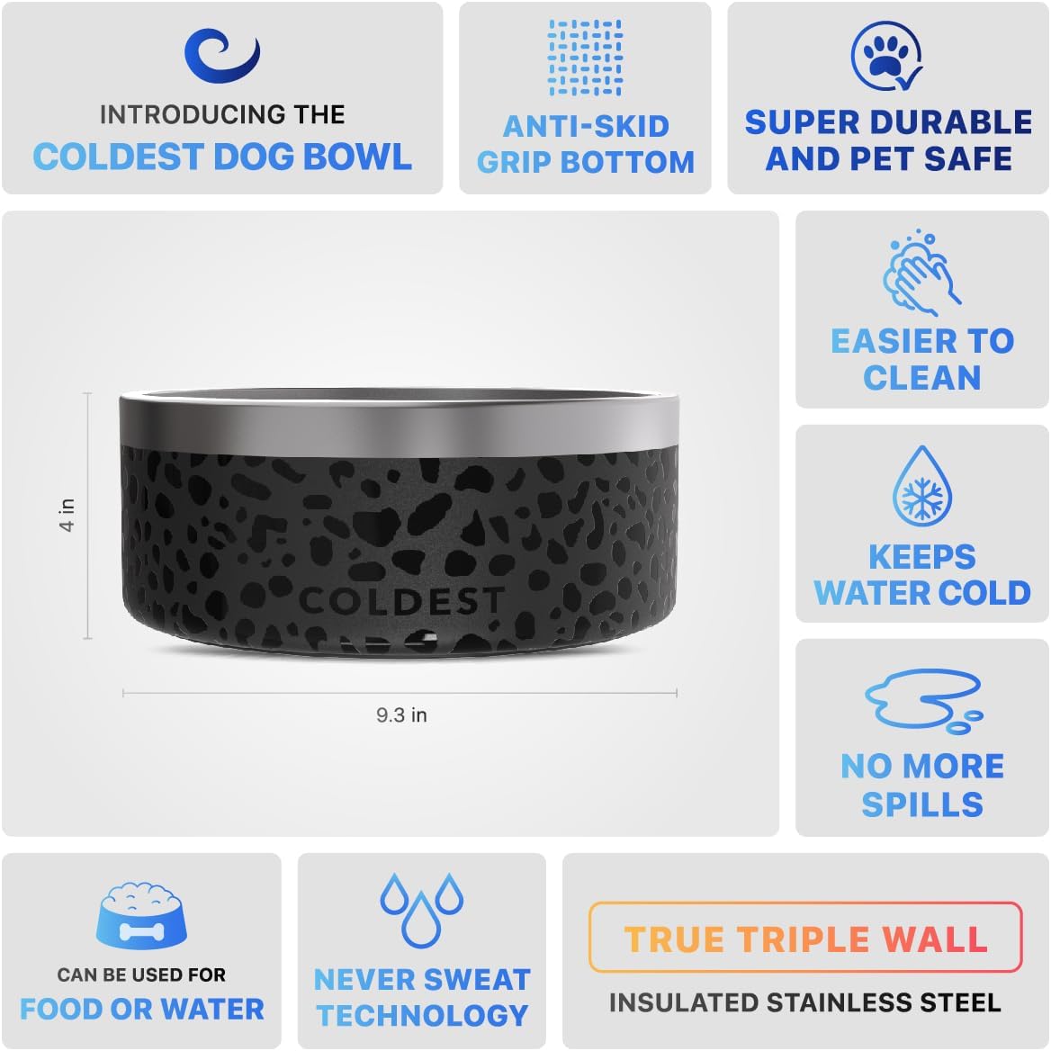 Coldest Dog Bowl - Anti Rust Metal, Non Slip, 3 Layers Insulated Stainless Steel Dog Bowls - Spill Proof & Heavy Duty - Water Bowl for Dogs, Cats & Pets, Dish Washer Safe (100 oz, Black Leopard)