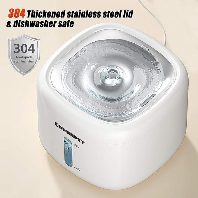 Stainless Steel Lid Cat Water Fountain 74Oz/2.2L Dog Fountain for Drinking - Dogs Drinking Waterer Bowls Indoor - Pet Water Fountain - Ultra Silent - Kitten Drinking Fountains with 3 Filters and 1 Mat