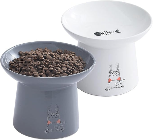 OMAYKEY 6.5 Inch Extra Wide Ceramic Raised Cat Bowls, Upgraded Elevated Porcelain Cat Food Water Bowl Dish, Stress Free Pet Feeder Bowls Dishes for Elder Big Cats & Small Dogs, White & Grey