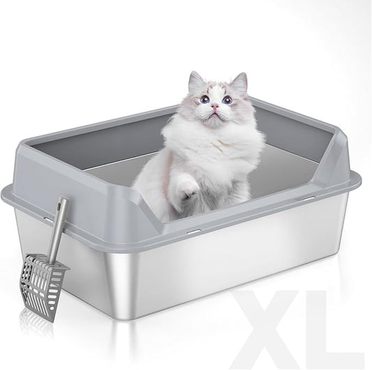 Stainless Steel Cat Box, XL Extra Large, Non-Sticky, Anti-Leakage, Metal, Easy to Clean (Grey)