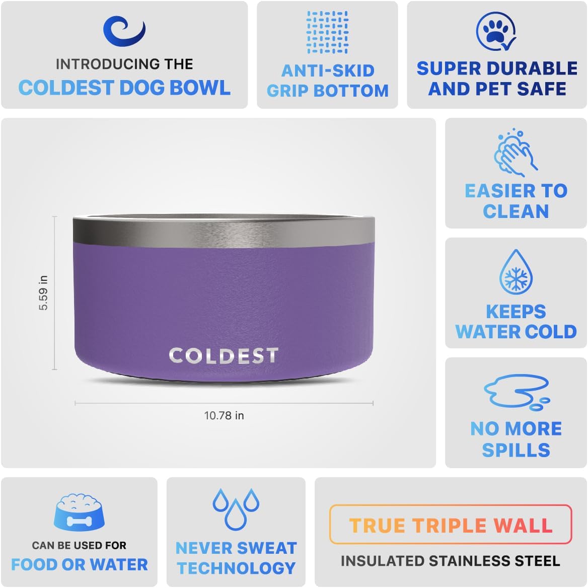 Coldest Dog Bowl - Anti Rust Metal, Non Slip, 3 Layers Insulated Stainless Steel Dog Bowls - Spill Proof & Heavy Duty - Water Bowl for Dogs, Cats & Pets, Dish Washer Safe (200 oz, Galaxy Purple)