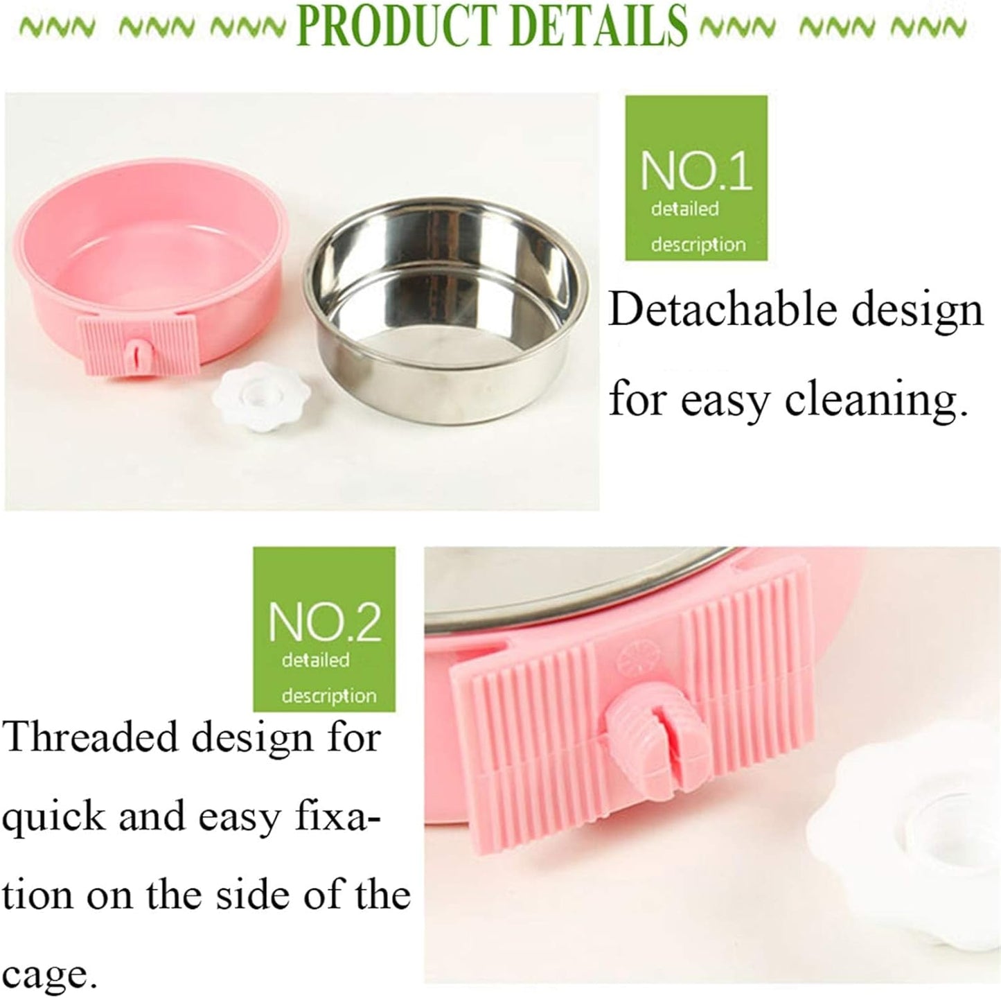 kathson Crate Dog Bowl, Removable Stainless Steel Hanging Pet Cage Bowl Food & Water Feeder Coop Cup for Cat, Puppy, Birds, Rats, Guinea Pigs 4pcs Large(2×Blue,1×Pink,1×Green)