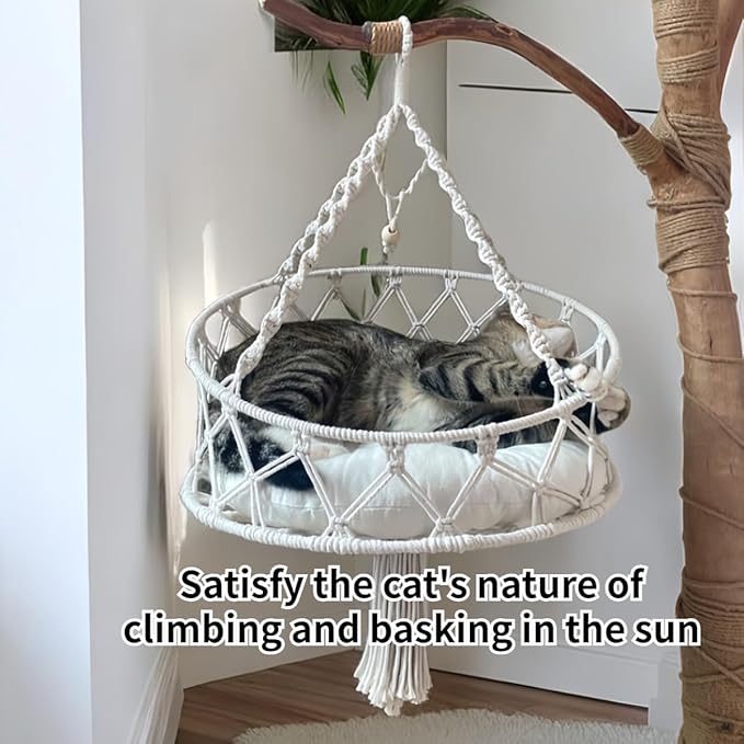 Cat Hammock, Handwoven Hanging Boho Cat Bed for Indoor Outdoor Home Decor for Playing Sleeping Climbing and Lounging with Cushion, Suitable for Cats or Small Dogs Up to 8.8 Lbs