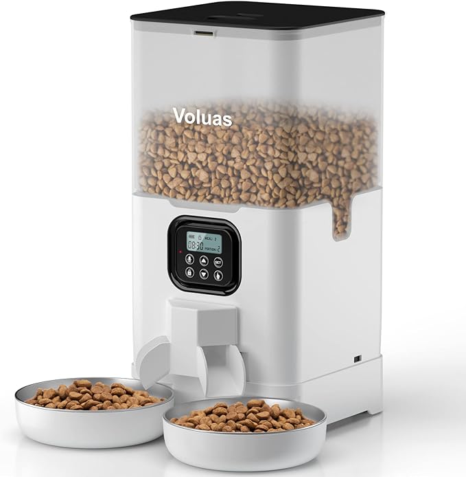 Voluas Automatic Cat Feeder for Two Cats, Double Pet Feeder with 2 Stainless Steel Bowls,6L Timed Cat Feeders with Memory Function