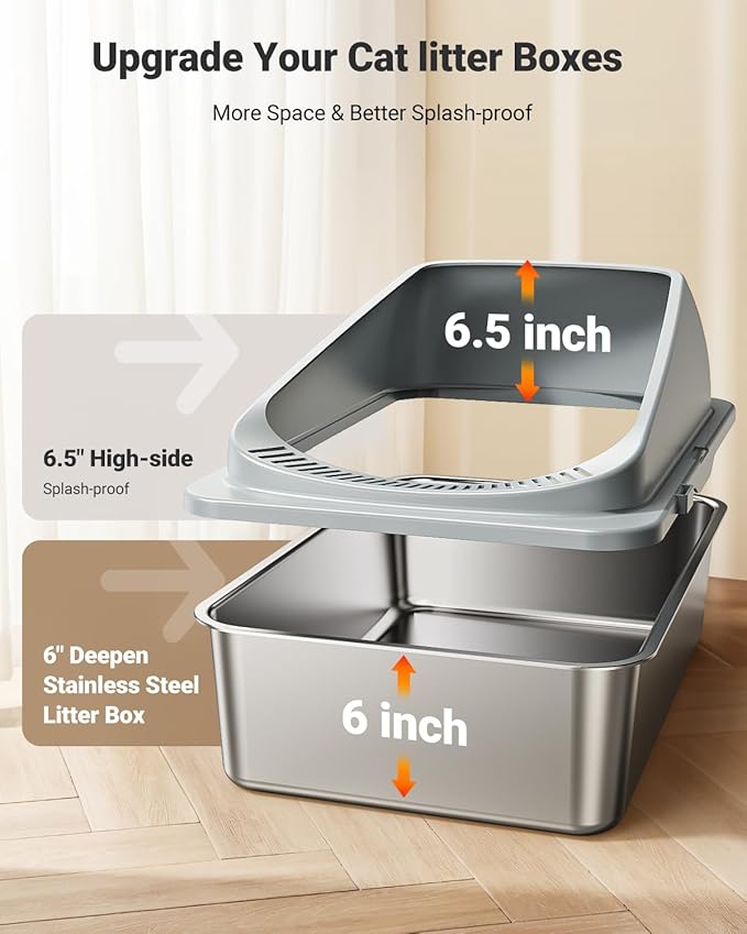Stainless Steel Cat Litter Box with Scoop, Metal Litter Box High Sided, Cat Litter Box Enclosure, XL Extra Large High-Sided Litter Boxs (Anti-Urine Leakage, Include Scoop) (Grey)