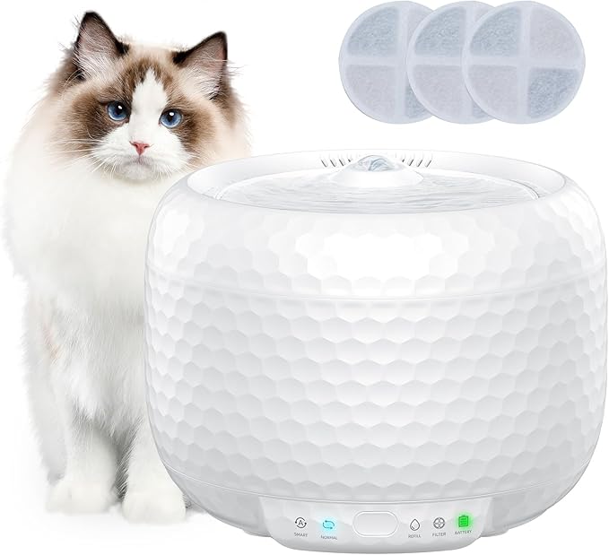 Automatic Cat Water Fountain 61oz/1.8L, Ultra Quiet Pump, BPA-Free & Detachable for Easy Cleaning, Includes 3 Replacement Filters (White, ABS)