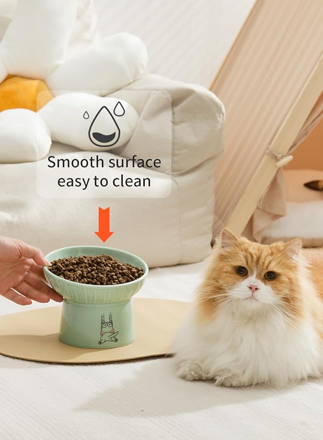 OMAYKEY Extra Wide Raised Cat Bowls, 6.5 Inch Wide Ceramic Tilted Elevated Cat Bowl, Prevent Neck & Whisker Fatigue, Anti Vomit for Cats Puppies, Dishwasher and Microwave Safe, 2 Pack