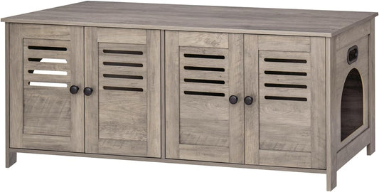 DINZI LVJ Litter Box Enclosure for 2 Cats, Hidden Litter Box Furniture with Double Rooms, Dual Cat Litter House, Front Doors, 47.2" Wooden Hidden Cat Washroom, Side End Table, TV Stand, Greige