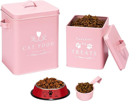 Meraki Home Cat Food Container and Treat Container - Tight Lids - Feed Scoop and Pet Food Bowl - Farmhouse Metal Storage Bin - Great Gift for Small Pets - Matte Pink